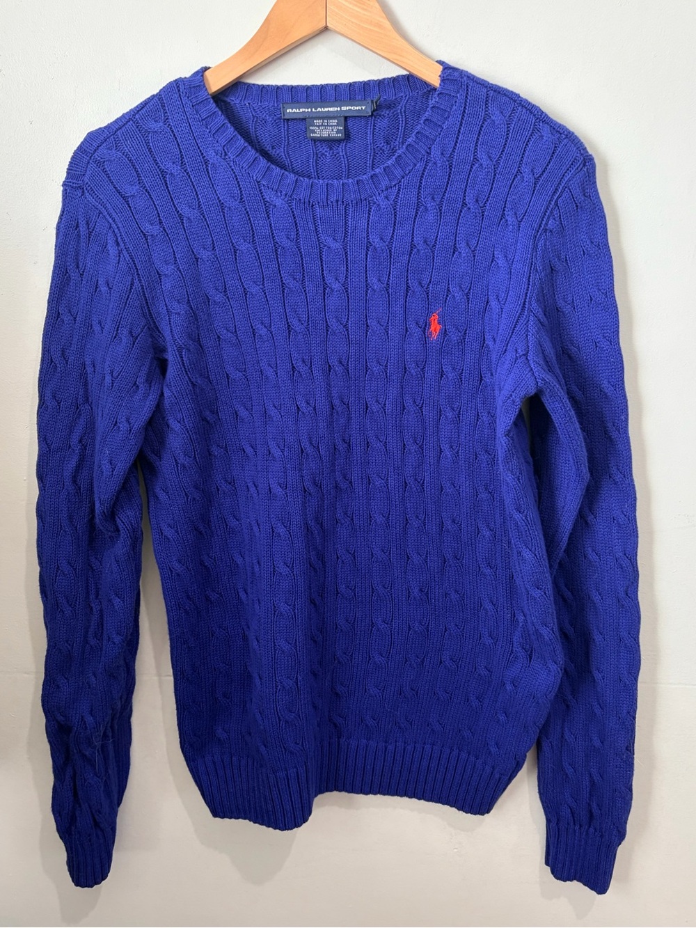 Vintage Y2K Ralph Lauren Sport Royal Blue Cable Knit Cotton Sweater XL Red Pony⁠